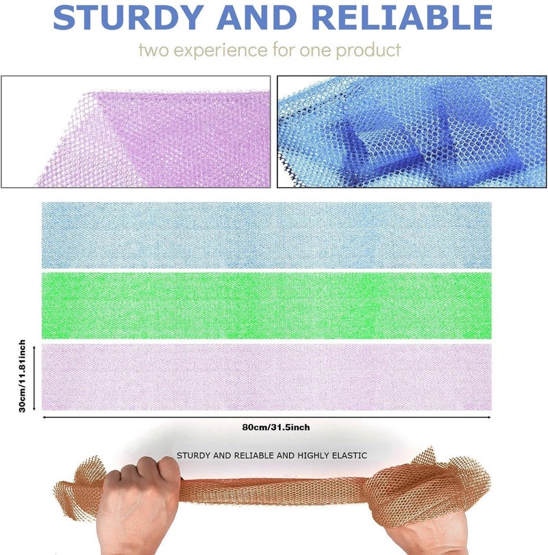 UJFQBH 3 Pieces African Bath Sponge African Net Long Net Bath Sponge Exfoliating Shower Body Scrubber Back Scrubber Skin Smoother,Great for Daily Use (Pale Purple, Blue, Green) - Image 3