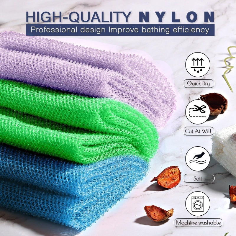 UJFQBH 3 Pieces African Bath Sponge African Net Long Net Bath Sponge Exfoliating Shower Body Scrubber Back Scrubber Skin Smoother,Great for Daily Use (Pale Purple, Blue, Green) - Image 4
