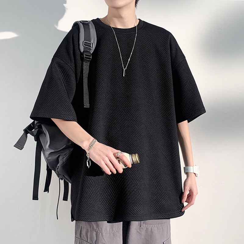 Summer Niche Texture Short-Sleeved Men'S T-Shirt Student 2025 Hong Kong Style Pure Color Half-Sleeved Bottoming T-Shirt Slit Top - Image 3