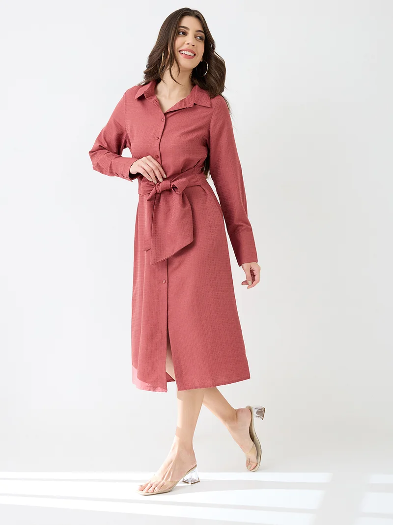 globus Globus Women Pink Collared Neck Cuffed Sleeves Self Design Waist Tie-Ups Midi Workwear Shirt Dress