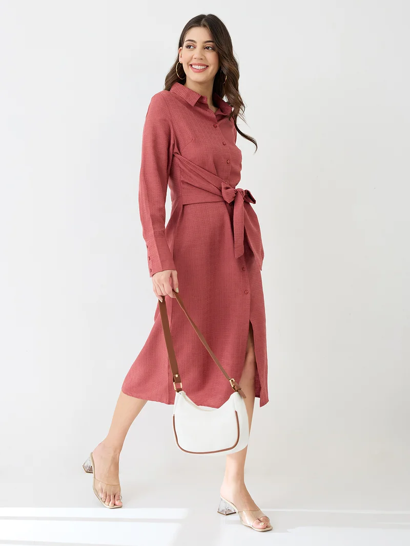 globus Globus Women Pink Collared Neck Cuffed Sleeves Self Design Waist Tie-Ups Midi Workwear Shirt Dress