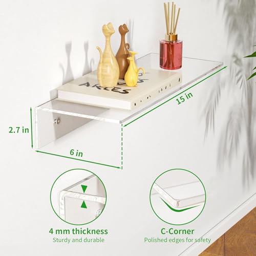 NIYANETAIL DIY 2 PCS 6" Acrylic Floating Shelves – Clear Wall Display Shelves for Lego, Plants, Perfumes, Books – 5mm Thick Wall-Mounted Acrylic Shelf Set for Bedroom, Living Room & Office (15 Inches) - Image 2