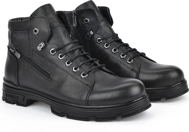 زيا , Men's Genuine Leather Boots 113423 801 Black