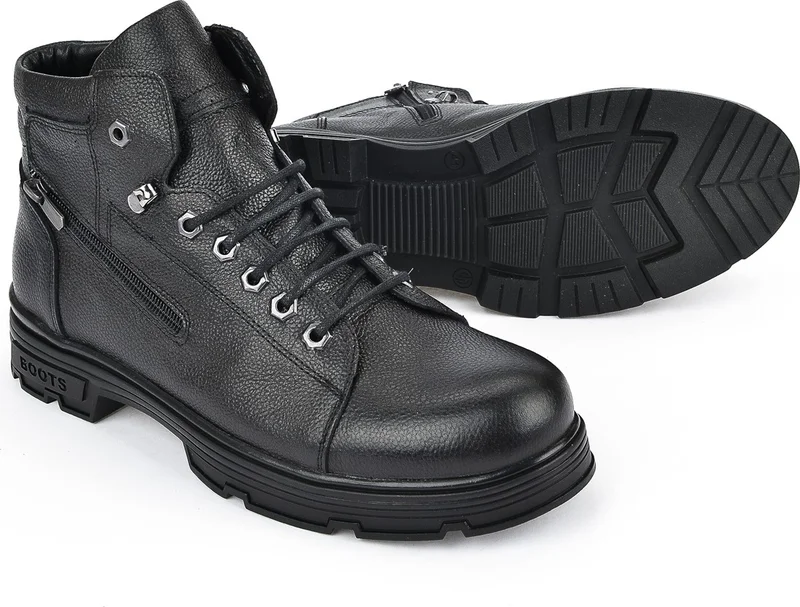 زيا , Men's Genuine Leather Boots 113423 801 Black