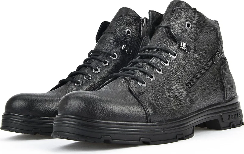 زيا , Men's Genuine Leather Boots 113423 801 Black