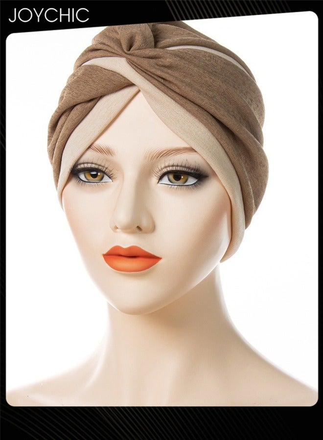 Joychic حجاب إسلامي حجاب فوري للنساء، لونين، خياطة متقاطعة على الجبهة، عمامة إسلامية، غطاء رأس من القطن للنساء والفتيات، بني + بيج