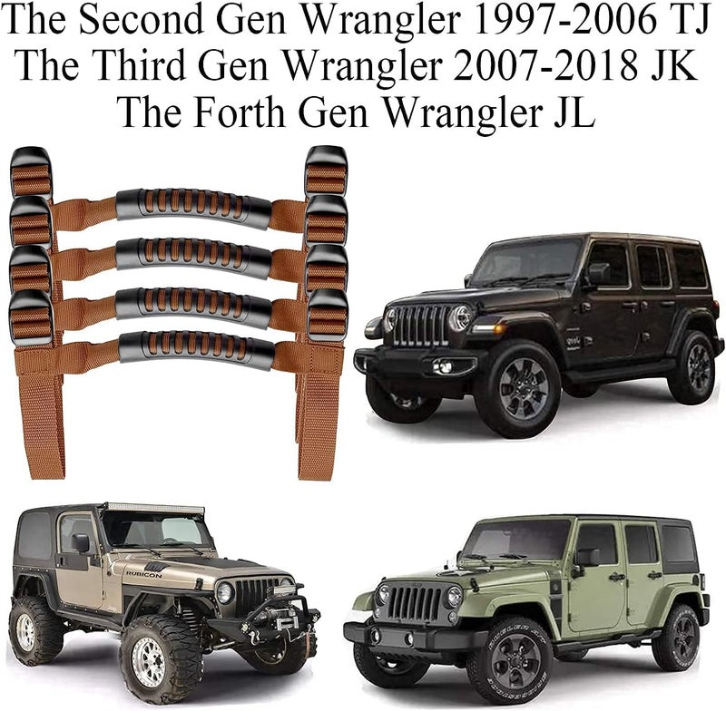 Bentolin 4 x Grip Handle Holder Roll Bar Grab Handles Compatible with Jeep Wrangler Accessories 1987-2021 YJ TJ LJ JK JL Sports Sahara Freedom Rubicon X & Unlimited (Brown) - Image 2