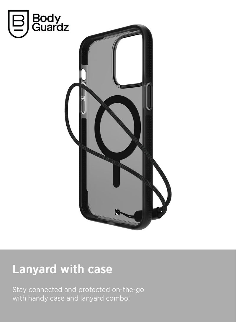 Bodyguardz Ace Pro for iPhone 15 Pro MAX Case Cover with 18 Feet Drop Protection compatible with MagSafe with Lanyard - Smoke/Black - Image 2