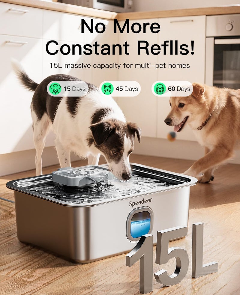 Speedeer 4Gal/15L Dog Water Fountain for Large Dogs, Stainless Steel Large Pet Drinking Fountain, Automatic Dog Water Bowl Dispenser with Deeper & Wider Drinking Area, Multi-Filtration, Ultra-Quiet - Image 2