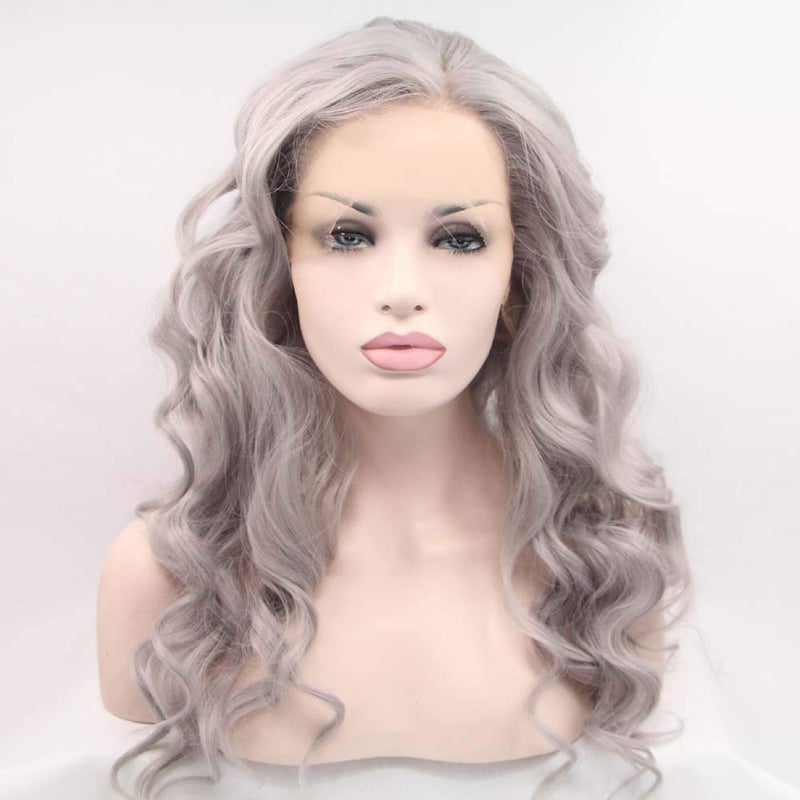 Melody Long Wavy Wigs  Silver Grey Synthetic Lace Front Wigs Heat Resistant Ash Platinum Middle Parting
