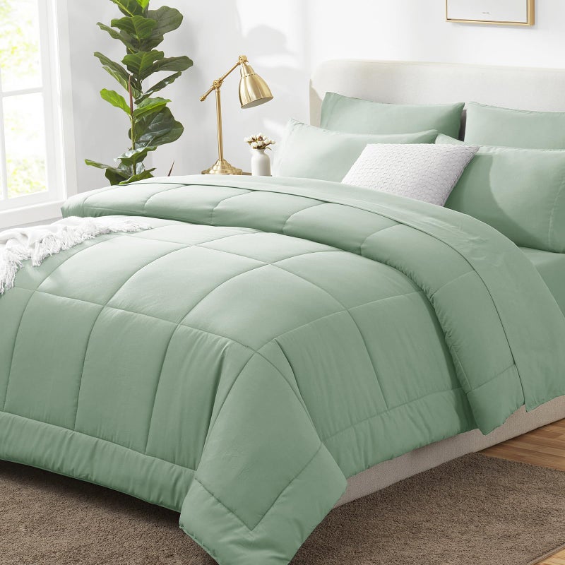 CozyLux Queen Comforter Set Sage Green 7 Pieces Bed in a Bag Green Comforter Queen Size All Season Bedding Sets with Stitch Quilted Comforter Flat Sheet Fitted Sheet Pillowcases