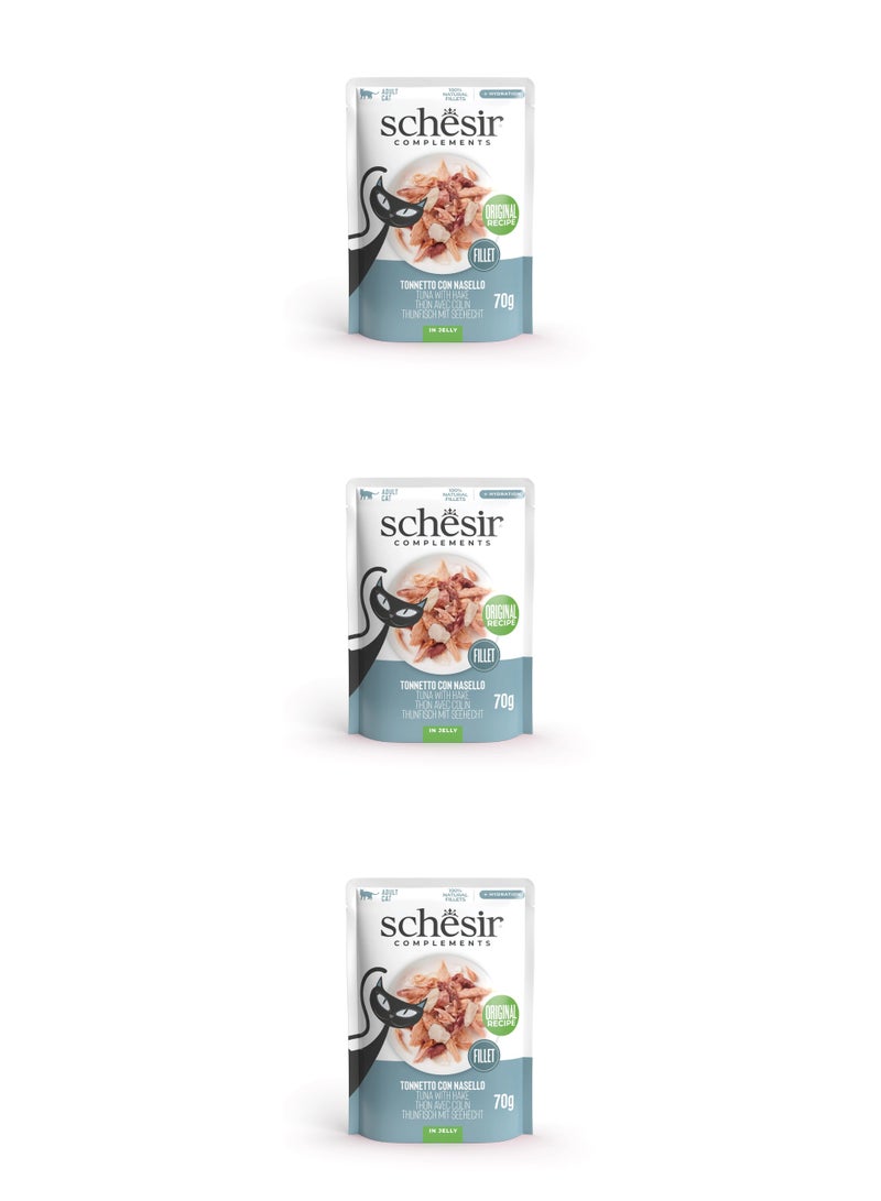 شيسر طعام القطط الرطب من شيسير كومبليمينتس في كيس جيلي - تونة مع سمك النازلي 70 جم × 3 قطع - Image 1