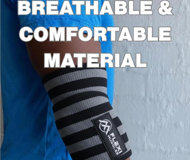 FLEXI MUSCLES Elbow Wraps for Weightlifting (1 Pair) Adjustable Elbow Compression Straps & Joint Support Brace - Ideal for Bench Press, Powerlifting, and Gym Workouts. (Red Stripes) - Image 4