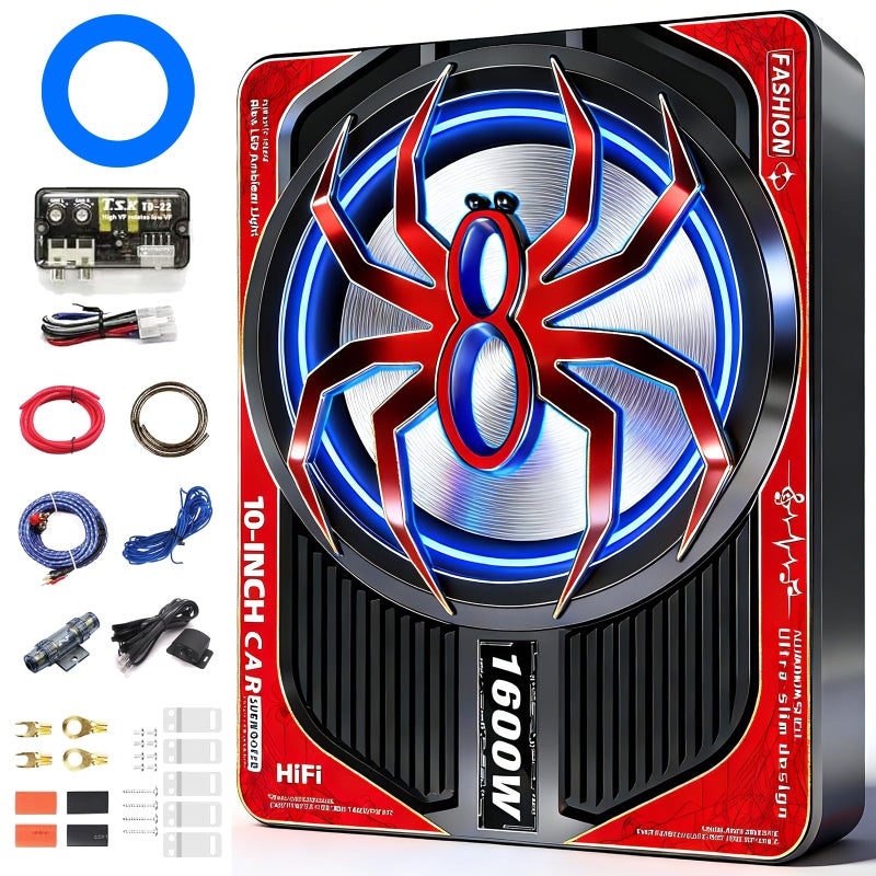 TZGBASS حزمة مضخم الصوت وتضخيم الصوت تحت المقعد TZGBASS 1600W نحيف، مضخم صوت مزود بمضخم صوت من الفئة D مدمج، مفتاح ضوء محيطي أزرق، صوت عميق تحت الصوت، مضخم صوت تحت المقعد للسيارة والشاحنة وSUV - Image 1