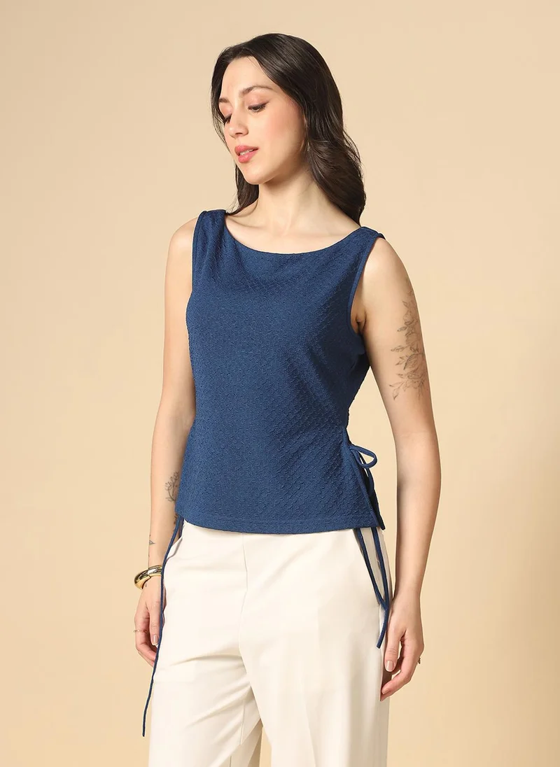 globus Globus Women Blue Boat Neck Waist Tie-Ups Sleeveless Textured Top