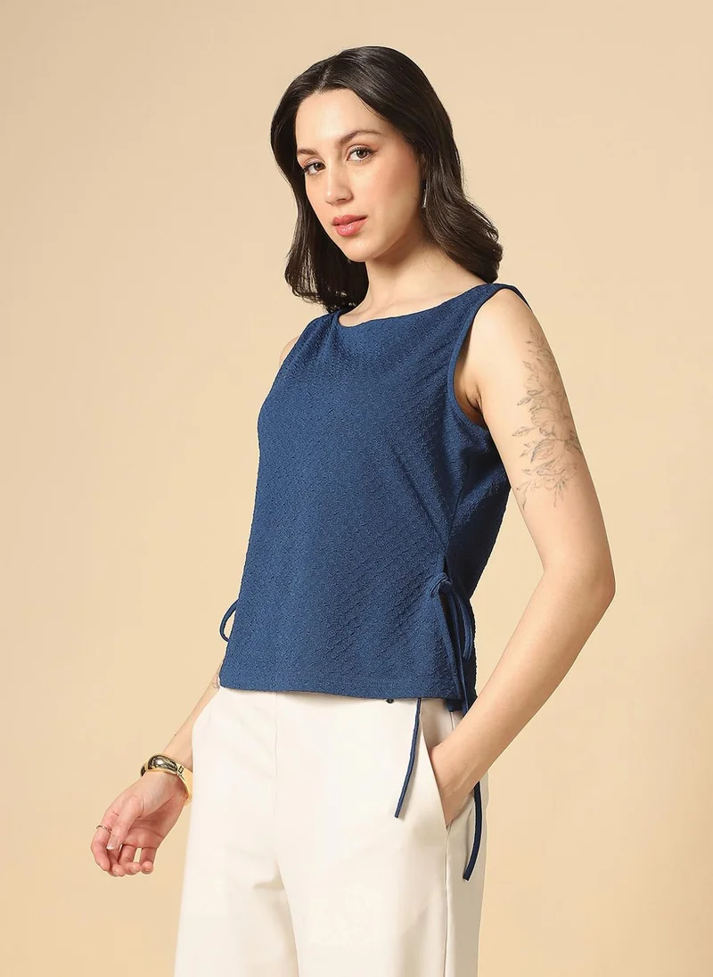 globus Globus Women Blue Boat Neck Waist Tie-Ups Sleeveless Textured Top