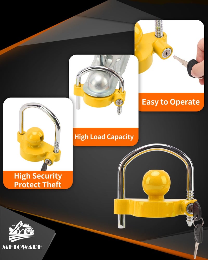 METOWARE Trailer Coupler Lock Universal Adjustable Heavy-Duty Steel Trailer Hitch Lock, Anti Theft Trailer Ball Lock Towing Lock for Towing Trailer Security Fits 1-7/8",2”, 2-5/16" Coupler Yellow - Image 4