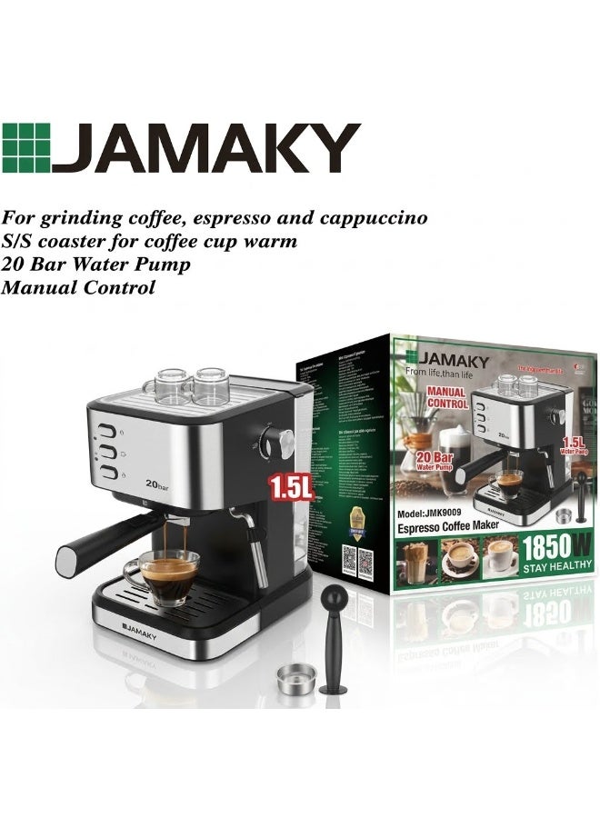 Jamaky Espresso and Cappuccino Coffee Maker, 1850W, 20 Bar, 1.5 Liter, Manual Control, Model JMK-9009 - Image 3