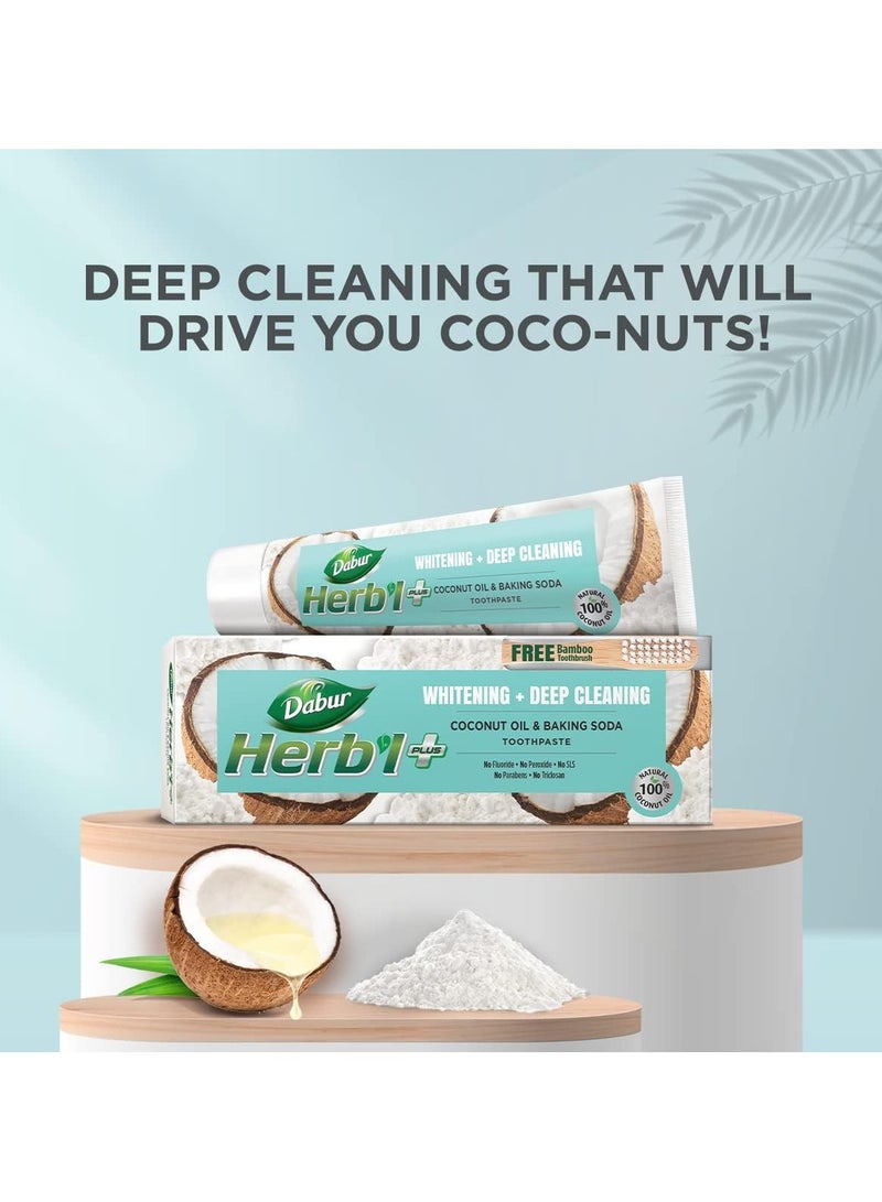 دابر معجون أسنان دابر هيربال بلس بزيت جوز الهند وصودا الخبز (2 × 150 جم + فرشاة أسنان من الخيزران) | تبييض وتنظيف عميق | خالي من الفلورايد وSLS والتريكلوسان والبارابين | حزمة القيمة - Image 2