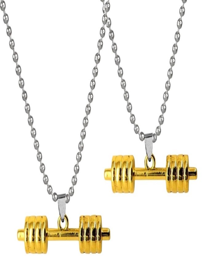Utkarsh (Pack Of 2 Pcs Golden Color Stainless Steel Weightlifting Fitness Gym Bodybuilding Sports Dumbbell Barbell Locket Pendant Necklace With Chain For Boy's And Girl's - Image 1