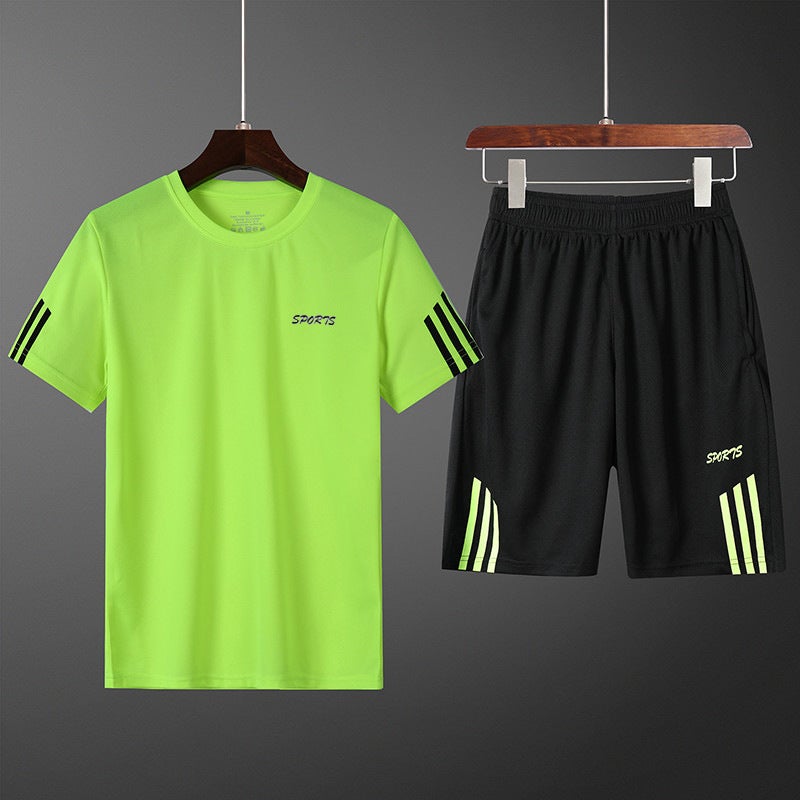 Generic Summer Casual Sports Suit Mens Short-sleeved T-shirt Loose Large Size Shorts Two-piece Running Fitness Quick-drying Suit fluorescent green  - Image 1