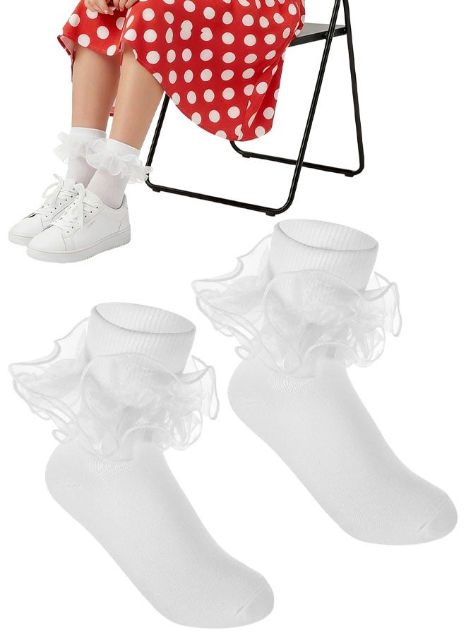 Ruffle Socks Girls Ruffle Socks White Socks With Ruffles Double Lace Turn Cuff Socks Lace Ruffle Socks Comfortable Cotton Socks Frilly Socks For Girls Aged 10-12 Years - Image 1