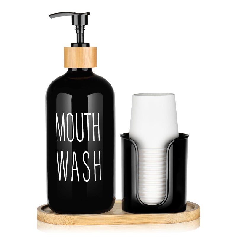 Black Mouthwash Dispenser for Bathroom  16oz Pump Glass Bottle with Cup Holder 14 Mouthwash CupsBamboo Tray and Funnel  Bathroom Mouthwash Container
