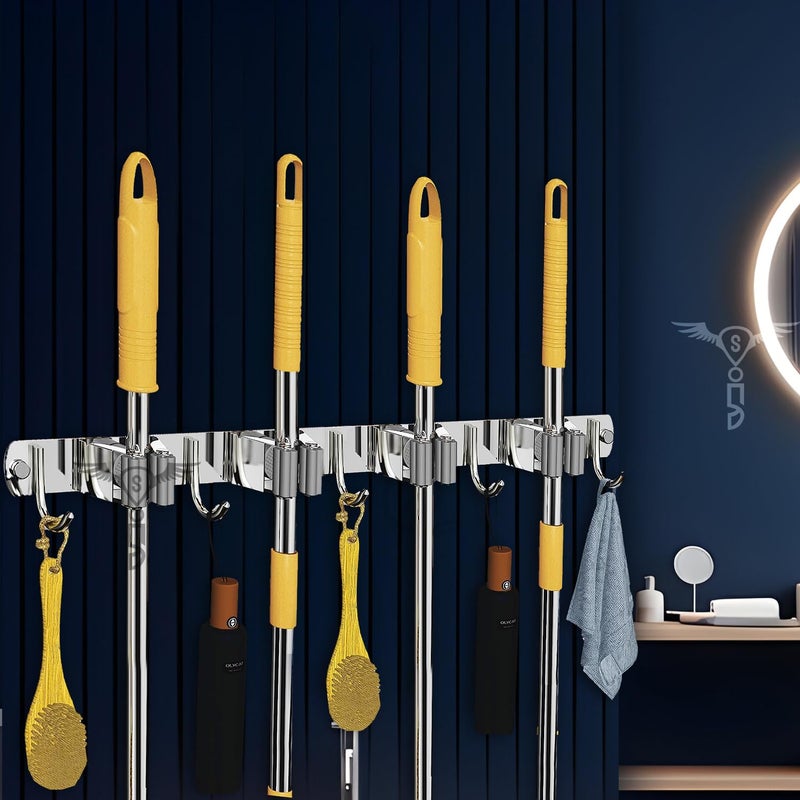 SITTELLA SITTELLA 1 Piece Stainless Steel 4 Racks with 5 Hooks Wall Mounted Broom and Mop Stick Holder Hanging Tools for Home Kitchen Garden Laundry Garage Silver  - Image 1