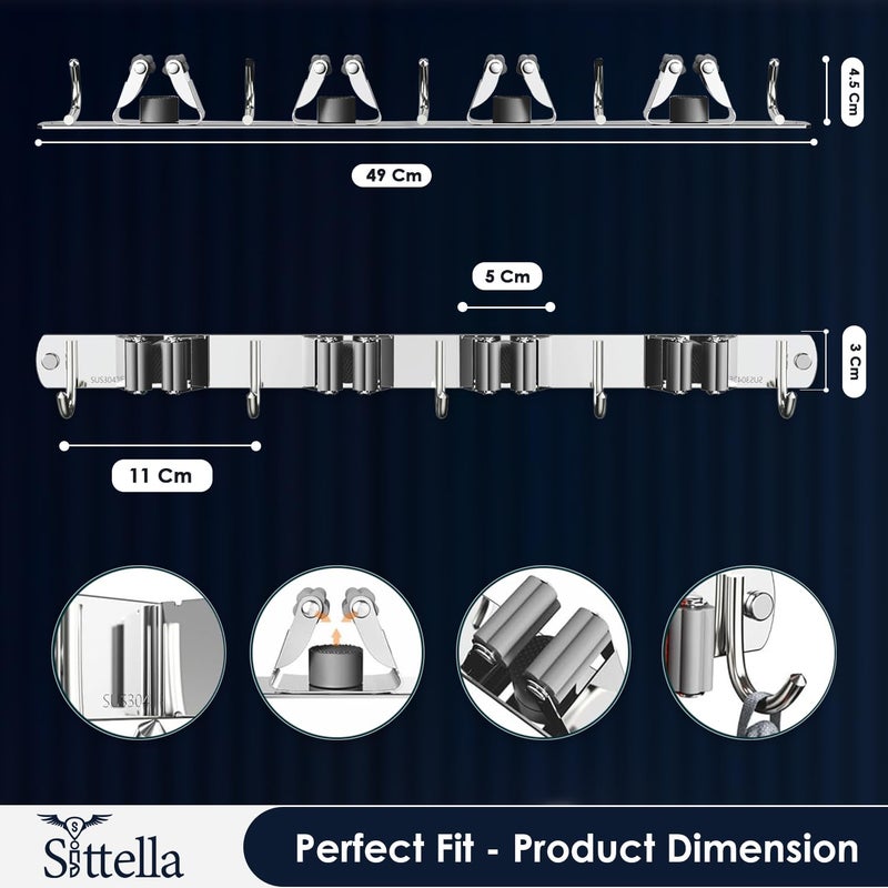 SITTELLA SITTELLA 1 Piece Stainless Steel 4 Racks with 5 Hooks Wall Mounted Broom and Mop Stick Holder Hanging Tools for Home Kitchen Garden Laundry Garage Silver  - Image 2