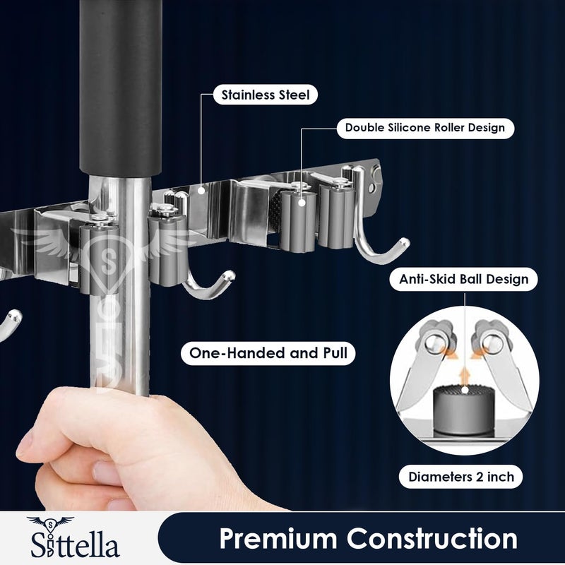SITTELLA SITTELLA 1 Piece Stainless Steel 4 Racks with 5 Hooks Wall Mounted Broom and Mop Stick Holder Hanging Tools for Home Kitchen Garden Laundry Garage Silver  - Image 3