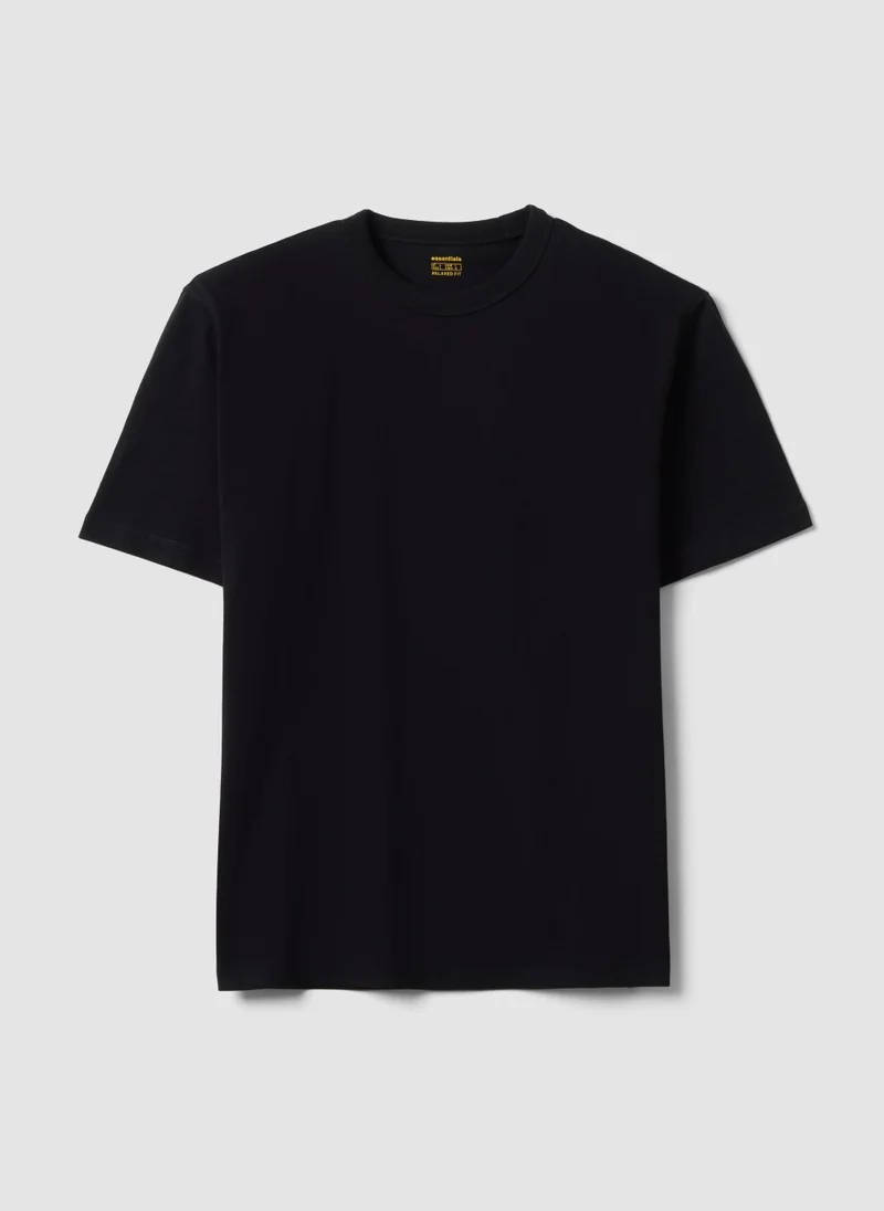 او في اس OVS Black Pure Cotton Crew-Neck T-Shirt With A Relaxed Fit