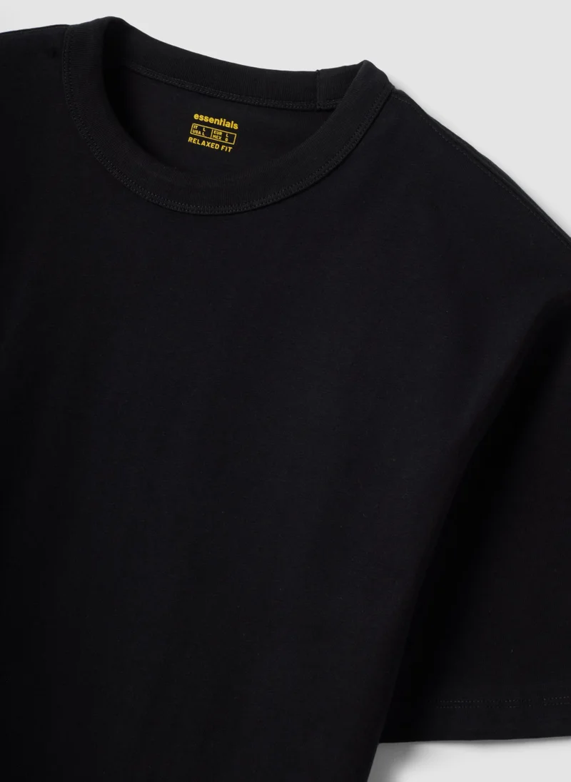 او في اس OVS Black Pure Cotton Crew-Neck T-Shirt With A Relaxed Fit