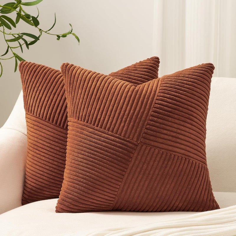 Topfinel Sofa Cushion Covers 60 x 60 cm Caramel Corduroy Cushion Covers with Invisible Zipper Striped Pattern for Living Room Bedroom Balcony Exterior 2 Pieces - Image 1