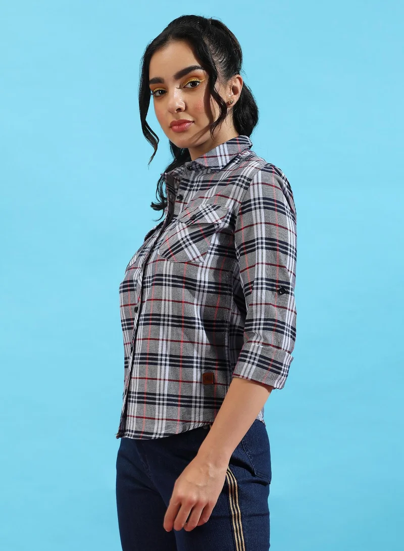 Campus Sutra Campus Sutra Women's Grey Tartan Plaid Shirt