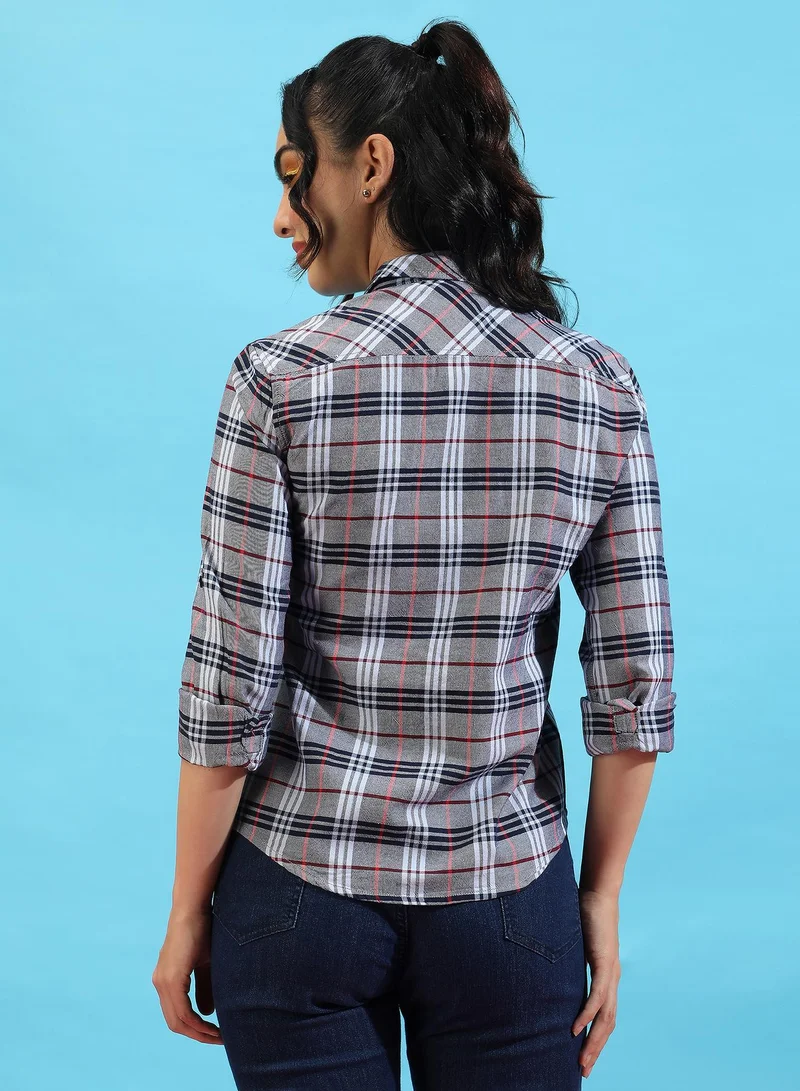 Campus Sutra Campus Sutra Women's Grey Tartan Plaid Shirt
