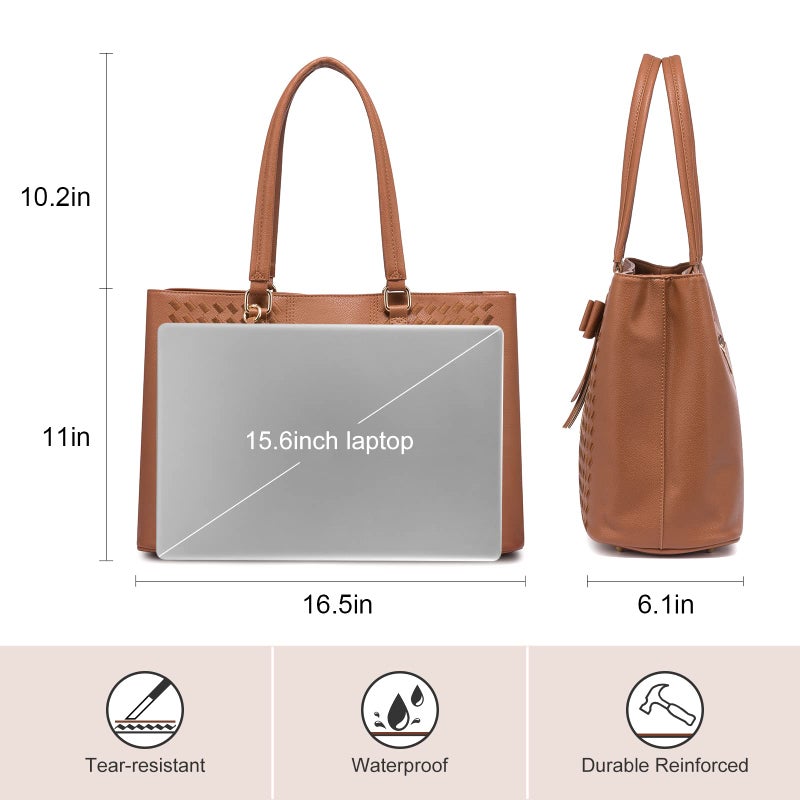 LOVEVOOK Laptop Tote Bag for Women 15.6 Inch Waterproof PU Leather Computer Bags Women Business Office Work Bag Briefcase,Brown - Image 3