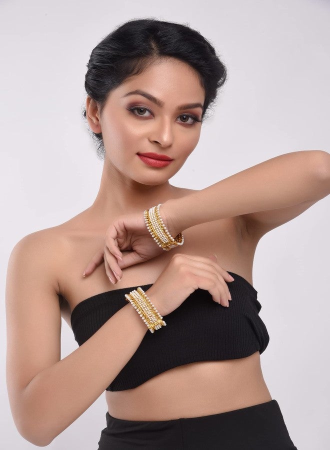 Efulgenz Indian Bangles for Women Traditional Bridal Faux Pearl Beaded Bracelets Bollywood Jewelry Fashion Wedding Bracelet Bangle Set (2 Pcs) Size 2.6 - Image 4