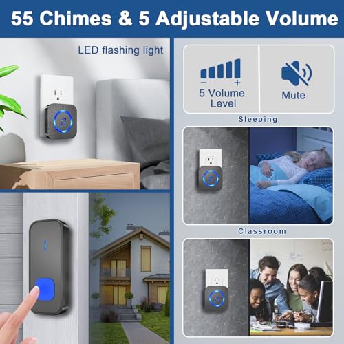 SURFOU Wireless Doorbell with 3 receivers 1 Button,IP55 Waterproof Doorbell,1300 FT/400M Remote Doorbell,55 Chimes 5 Volume,Colorful LED Flashing,110 db Loud Volume,For Home/Classroom - Image 5