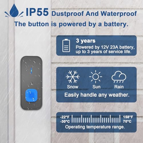 SURFOU Wireless Doorbell with 3 receivers 1 Button,IP55 Waterproof Doorbell,1300 FT/400M Remote Doorbell,55 Chimes 5 Volume,Colorful LED Flashing,110 db Loud Volume,For Home/Classroom - Image 4