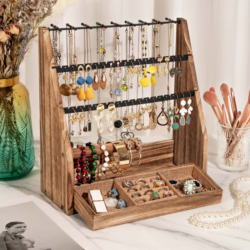 DGWJSU Jewelry Organizer Stand, 5 Layer Earring Holder Organizer with Necklace Holder, Rustic Wood Earring Organizer Display for Stud Earring Bracelet Necklace Ring, Watches - Image 2