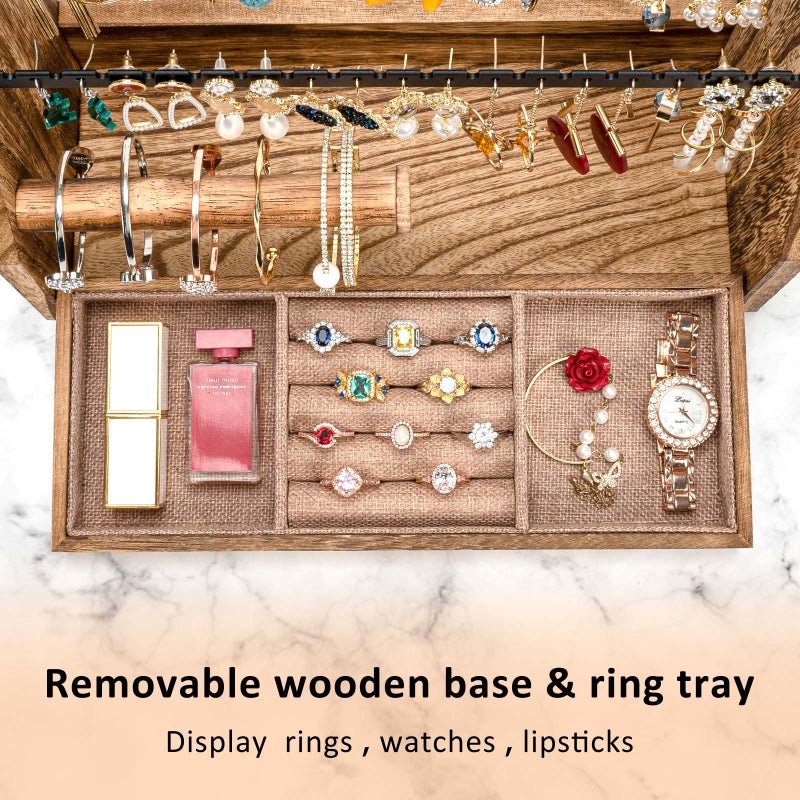 DGWJSU Jewelry Organizer Stand, 5 Layer Earring Holder Organizer with Necklace Holder, Rustic Wood Earring Organizer Display for Stud Earring Bracelet Necklace Ring, Watches - Image 3