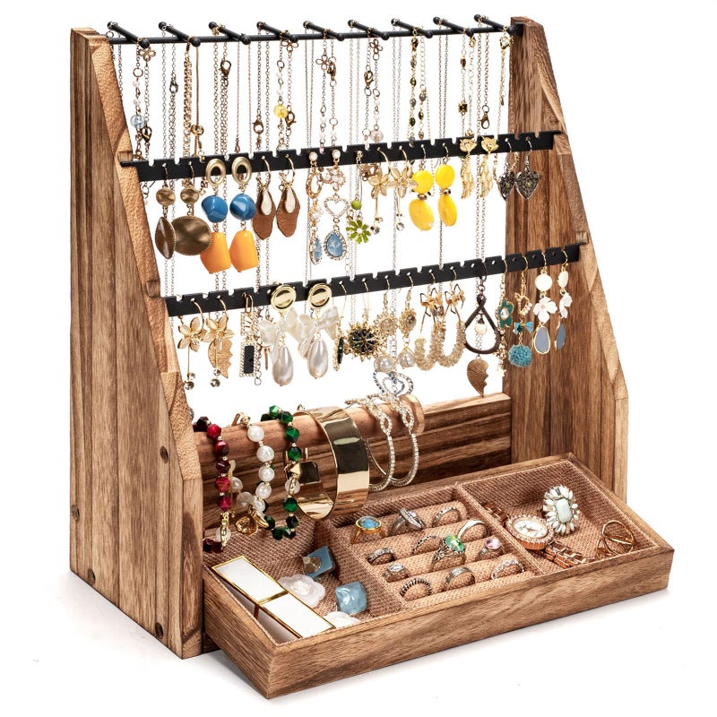 DGWJSU Jewelry Organizer Stand, 5 Layer Earring Holder Organizer with Necklace Holder, Rustic Wood Earring Organizer Display for Stud Earring Bracelet Necklace Ring, Watches - Image 1