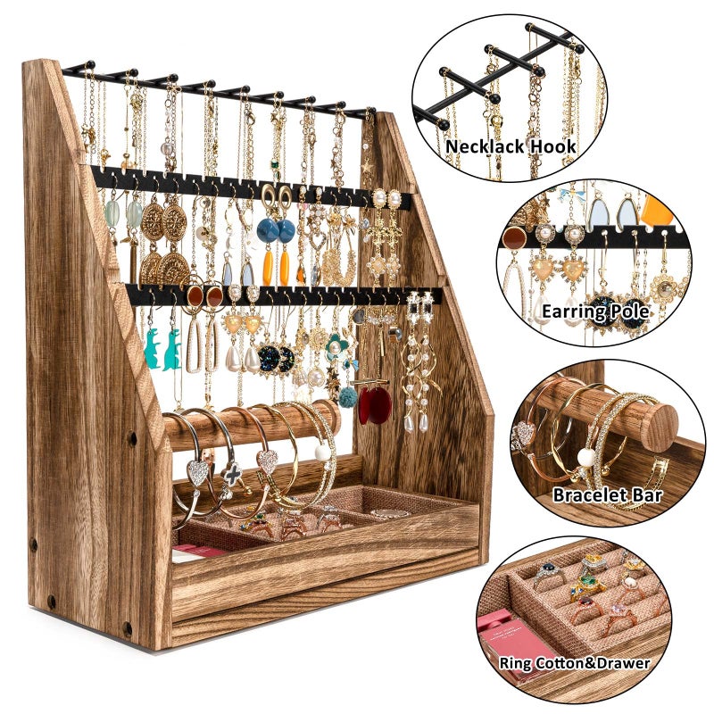 DGWJSU Jewelry Organizer Stand, 5 Layer Earring Holder Organizer with Necklace Holder, Rustic Wood Earring Organizer Display for Stud Earring Bracelet Necklace Ring, Watches - Image 5