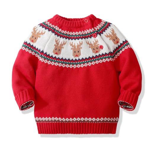 Miccina Baby Toddler Boys Girls Christmas Deer Knit Sweater Cotton Kids Crew Neck Pullover Sweatershirt (Red, 18-24 Months/Lable:90) - Image 1