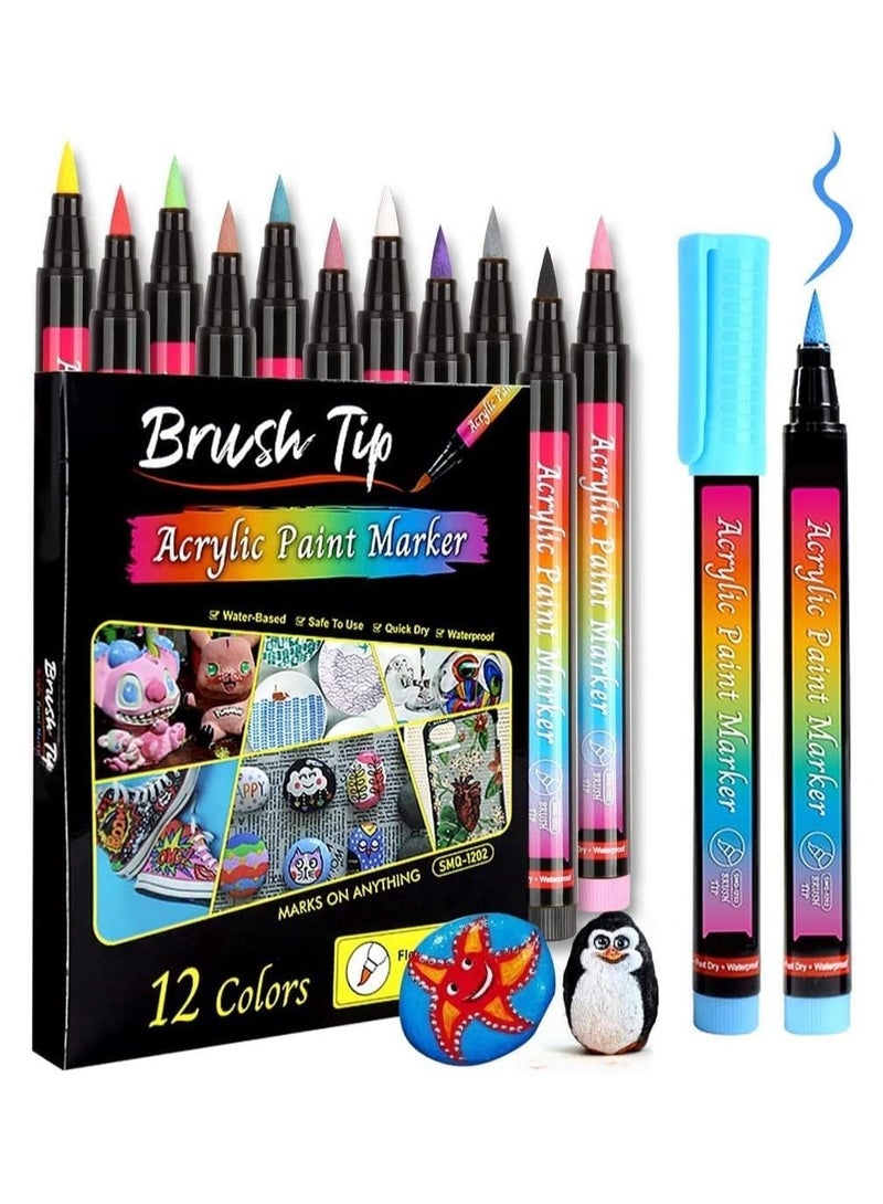 Captaintech Acrylic Paint Pens Brush Tip, 12 Basic Colors Acrylic Paint Markers. Set for Rock Painting, Calligraphy, Scrapbooking, Brush Lettering, Card Making, Sketching, Black Paper, DIY Photo Album - Image 1