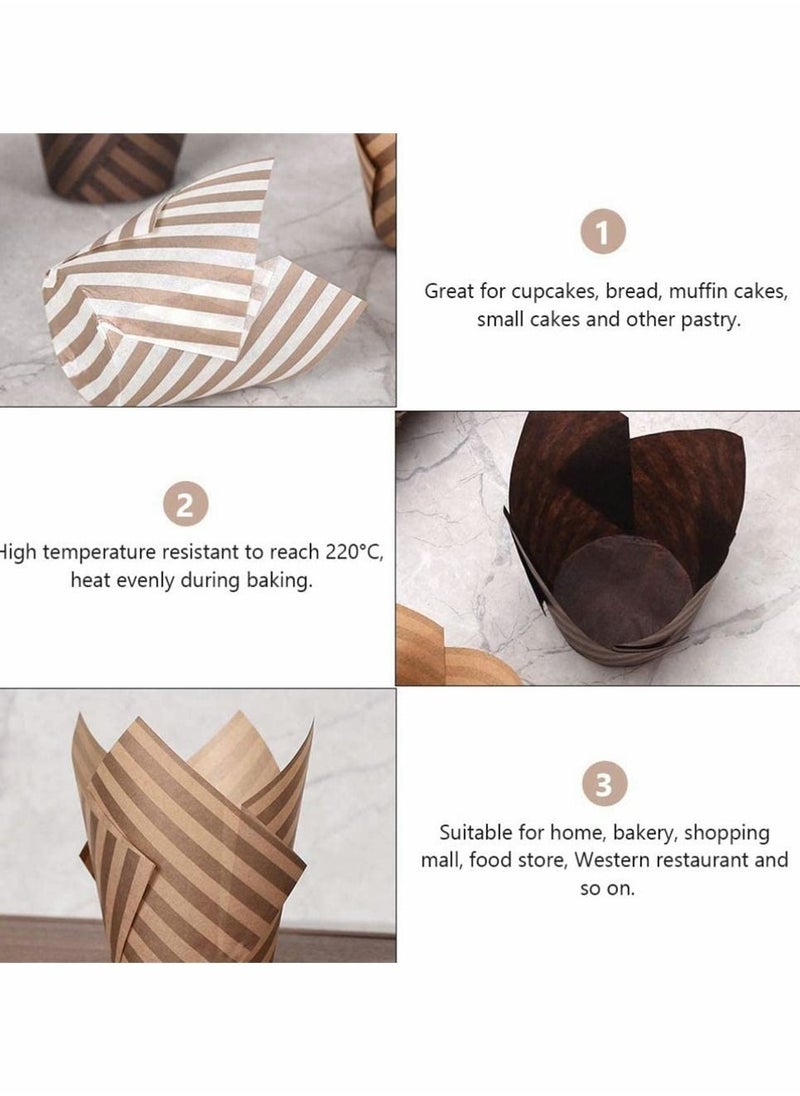 Baking Paper Cups Cupcake Liners, 100Pcs Brown White Tulip Style Baking Wrappers Muffin Cups Greaseproof Paper Square Non-Stick for Medium Large Cupcakes Mini Cake Party Birthday (Random Color)