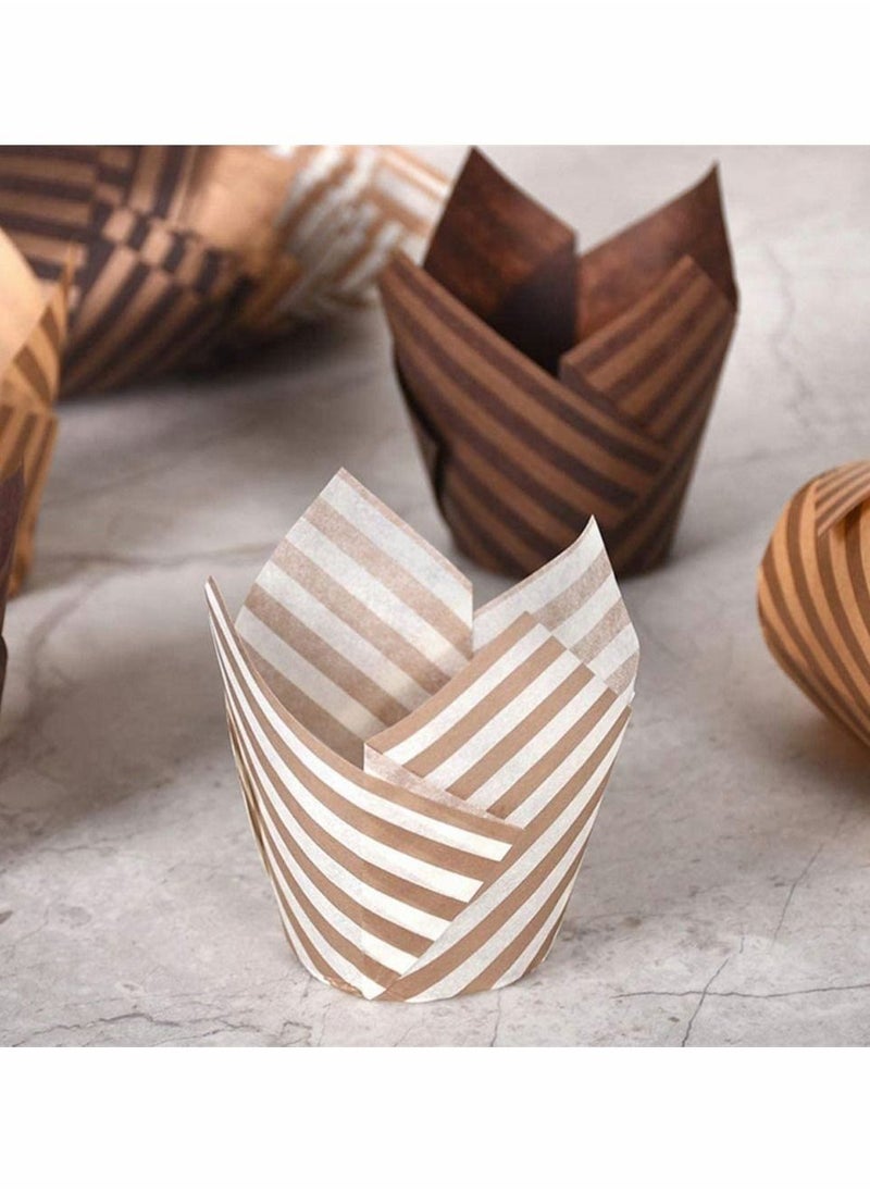 Baking Paper Cups Cupcake Liners, 100Pcs Brown White Tulip Style Baking Wrappers Muffin Cups Greaseproof Paper Square Non-Stick for Medium Large Cupcakes Mini Cake Party Birthday (Random Color)