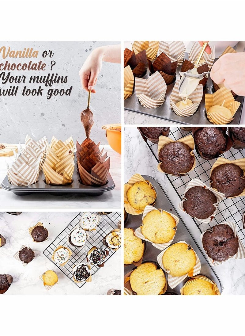 Baking Paper Cups Cupcake Liners, 100Pcs Brown White Tulip Style Baking Wrappers Muffin Cups Greaseproof Paper Square Non-Stick for Medium Large Cupcakes Mini Cake Party Birthday (Random Color)