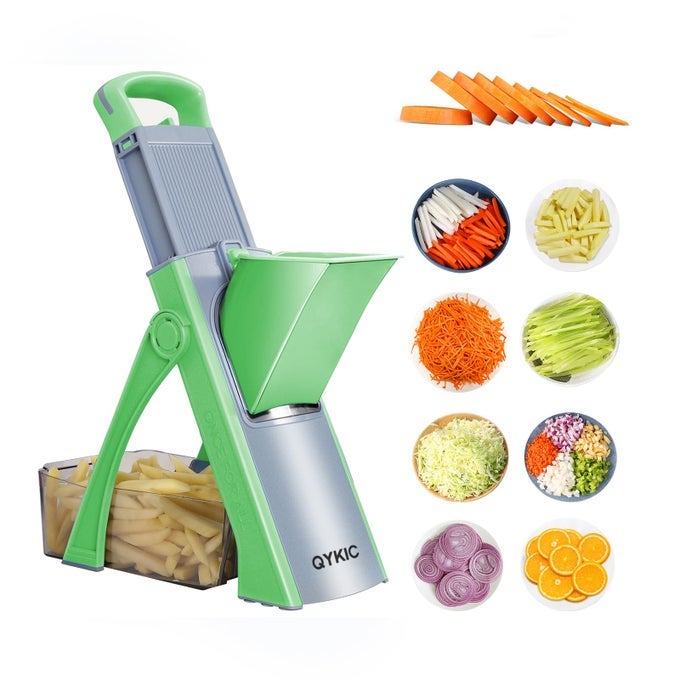 UPGRADE SAFE MANDOLINE SLICER FOR KITCHEN CHOPPER VEGETABLE CUTTER POTATO SLICER THICKNESS ADJUSTER FRENCH FRY CUTTER VEGGIE DICER FASTER KITCHEN MANDOLIN FOR MEAL PREP GREEN