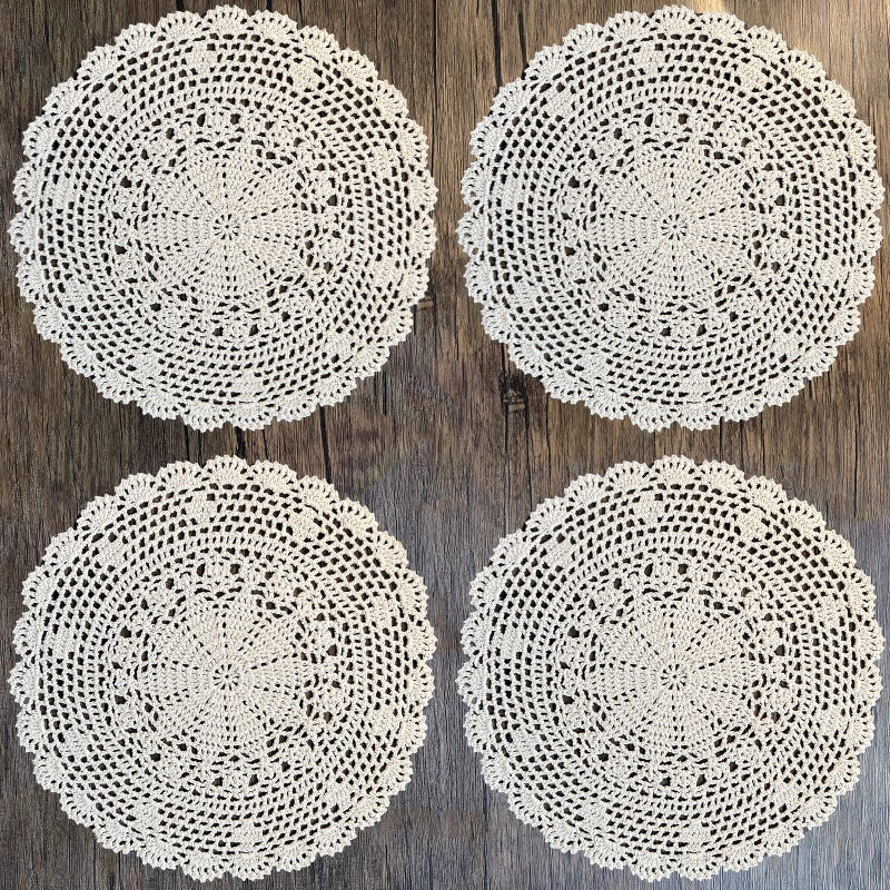 PHANTOMON Crochet Doilies Handmade Round Cotton Lace Table Placemats Knitted Tablecloth Star Pattern Rippled Edge Pack of 4 12 Inch Beige